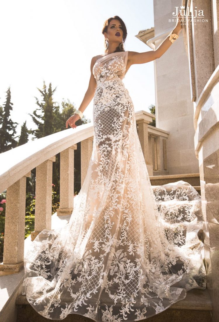 julija wedding dresses one shoulder backless mermaid bridal wedding gowns sweep train country boho lace illusion robe de mariage
