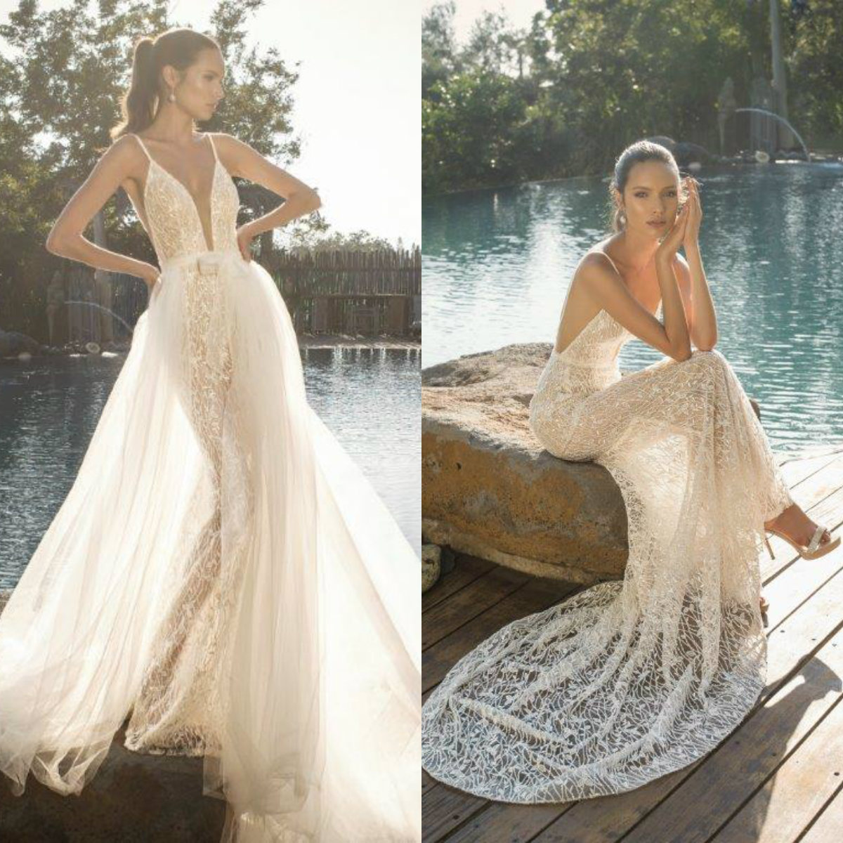 Julie Vino Mermaid Dresses With Detachable Train Lace Appliques Glitter Abiti Da Sposa Custom Made Backless Boho Wedding Dress