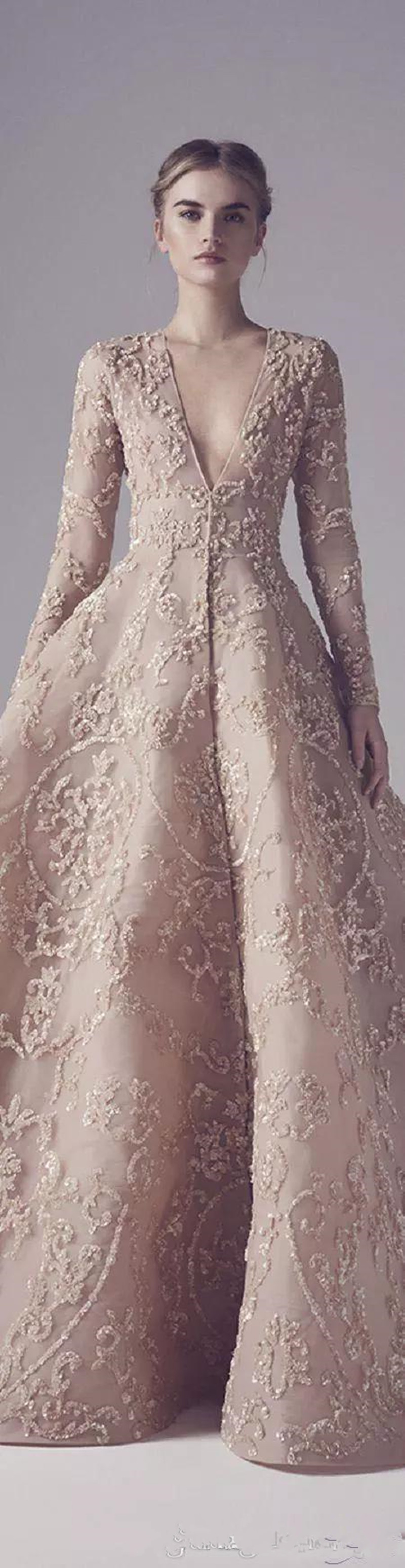 2020 New Gorgeous Champagne Long Sleeve Muslim Wedding Dresses Embroidery Puffy Dubai Arabic Bridal Gowns Ashi Studio Formal Wedding Dress