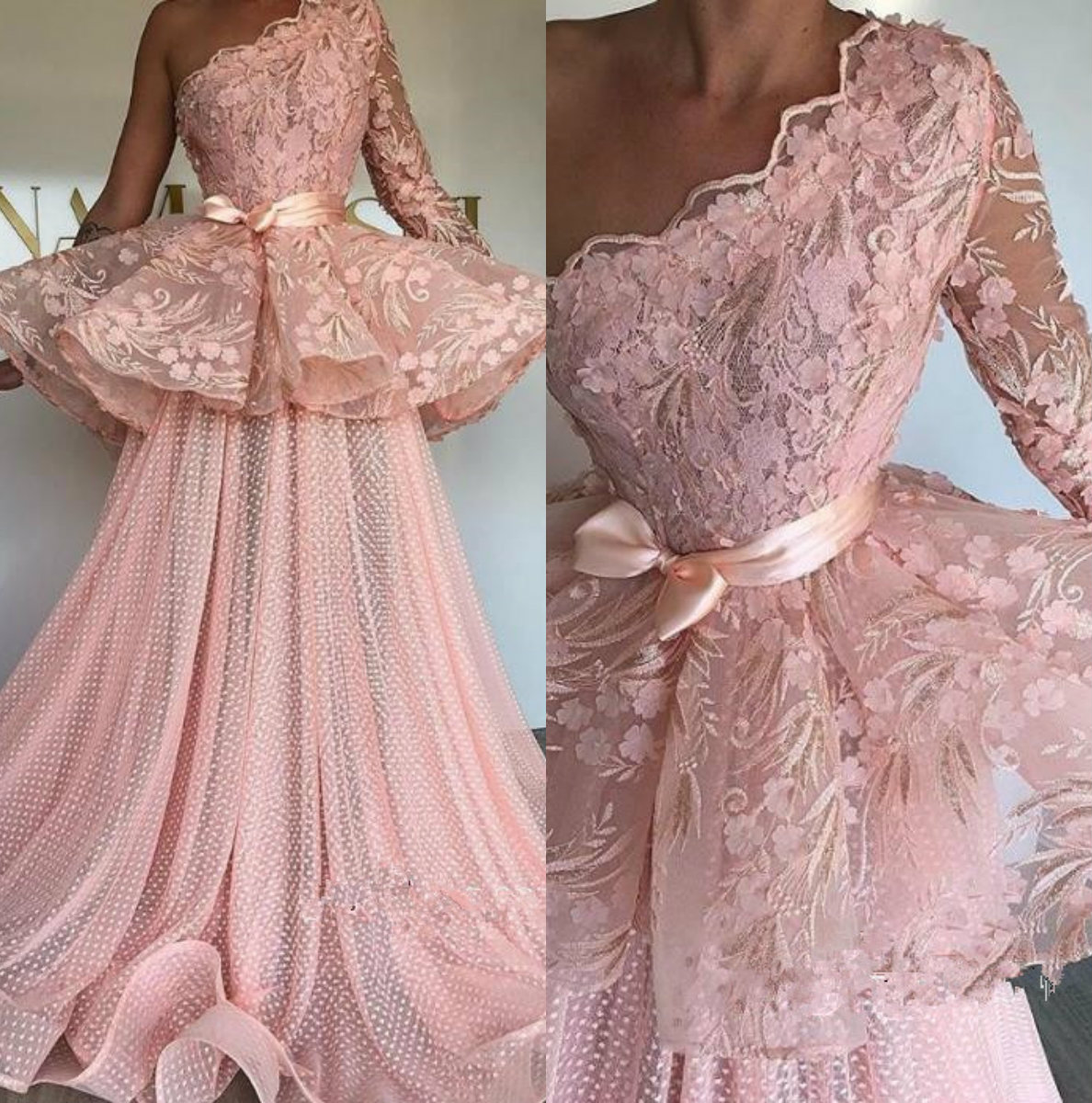 Elegant Pink Prom Dresses One Shoulder Dot Lace Formal Evening Gowns Floor Length Appliqued Saudi African Party Gowns Plus Size