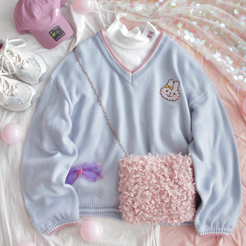 Retro V-neck Women Cute Blue Sweater Kawaii Embroidery Girls Knitted Jumper Winter Loose Female Pullover Ladies Knitwear, Sky blue
Retro V-neck Women Cute Blue Sweater Kawaii Embroidery Girls Knitted Jumper Winter Loose Female Pullover Ladies Knitwear, Sky blue