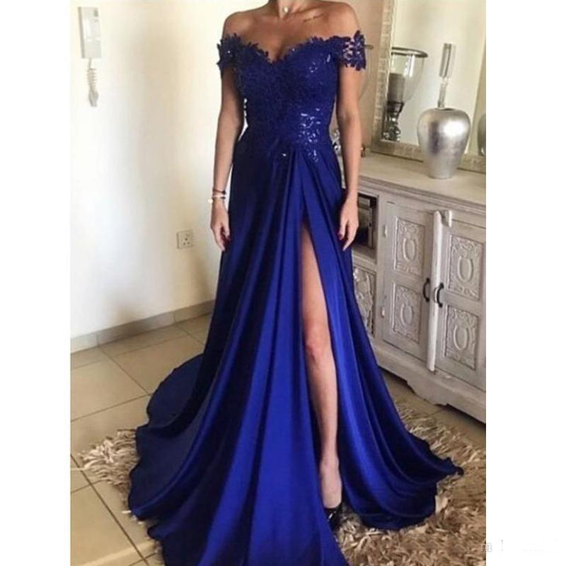 Elegant Royal Blue Long Prom Dresses 2018 With Lace Off Shoulder Cap Sleeve Split Floor Length Satin Evening Gowns Formal Prom Dress