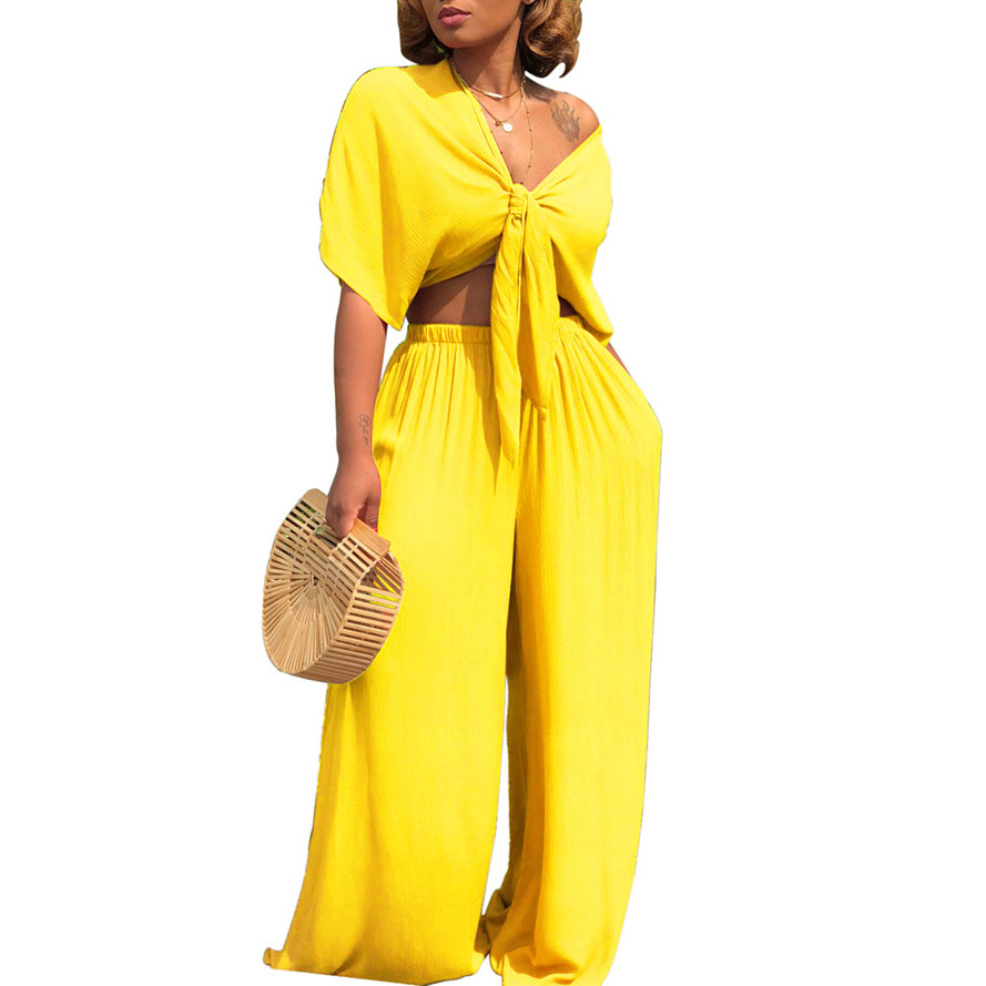 Plus Size Sexy Two Piece Set Women Outfits Bow Tie Tops+Wide Leg Pants Suits Casual Clothes solid color Matching Sets1