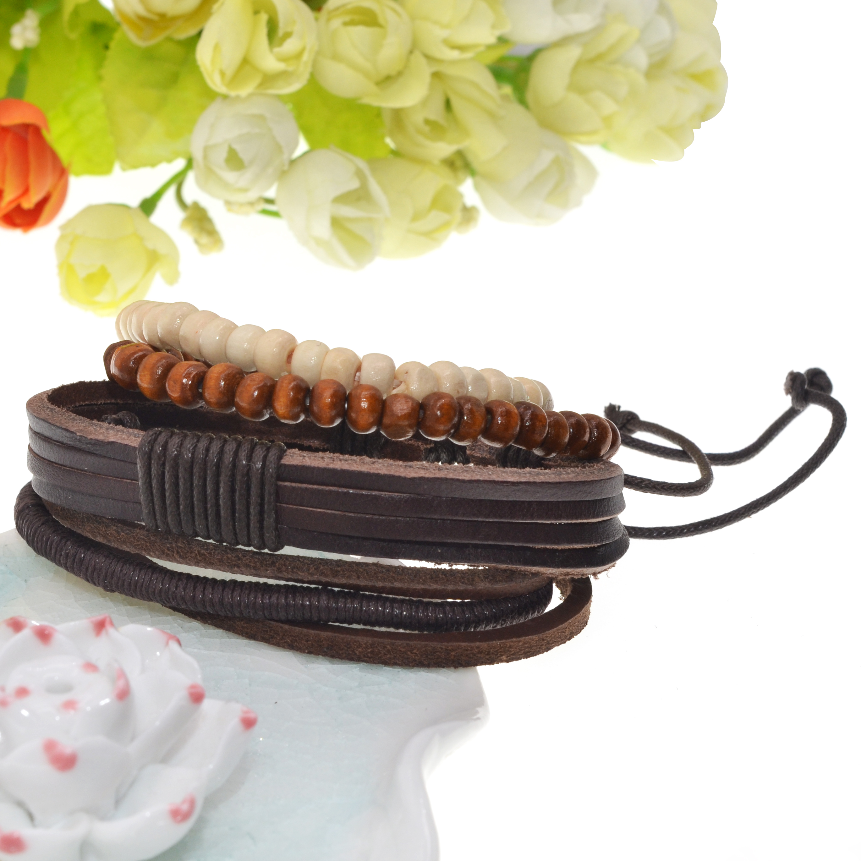 Men and women leather winding bracelet handmade pearl leather handmade wooden beads woven beaded bracelet