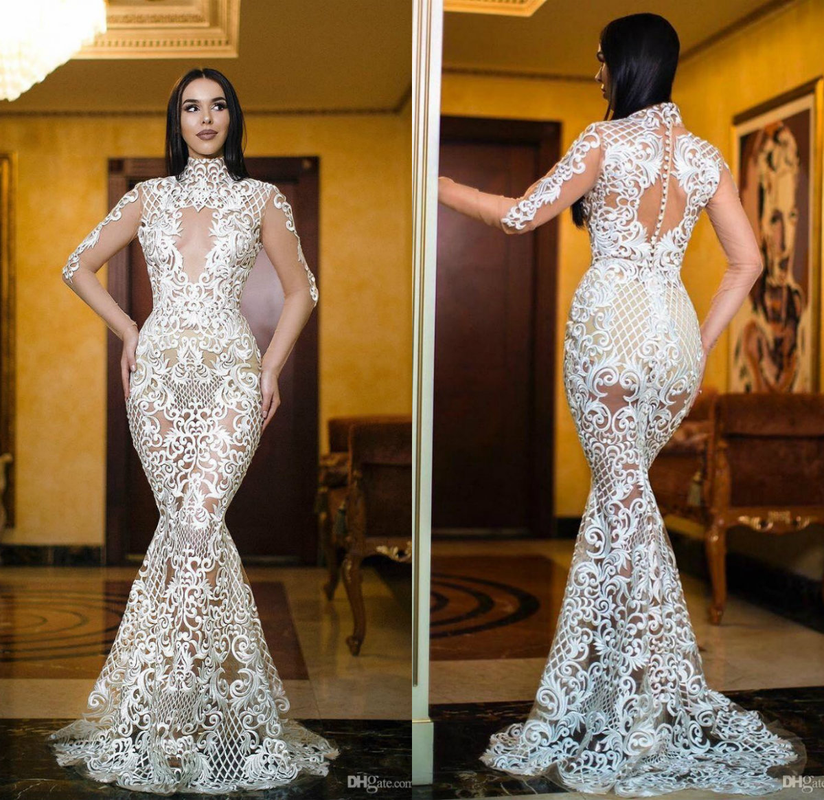 Lace Mermaid 2019 Sexy Wedding Dresses High Neck Illusion Appliqued Sweep Train Long Sleeves Bridal Dresses See Through Wedding Gowns