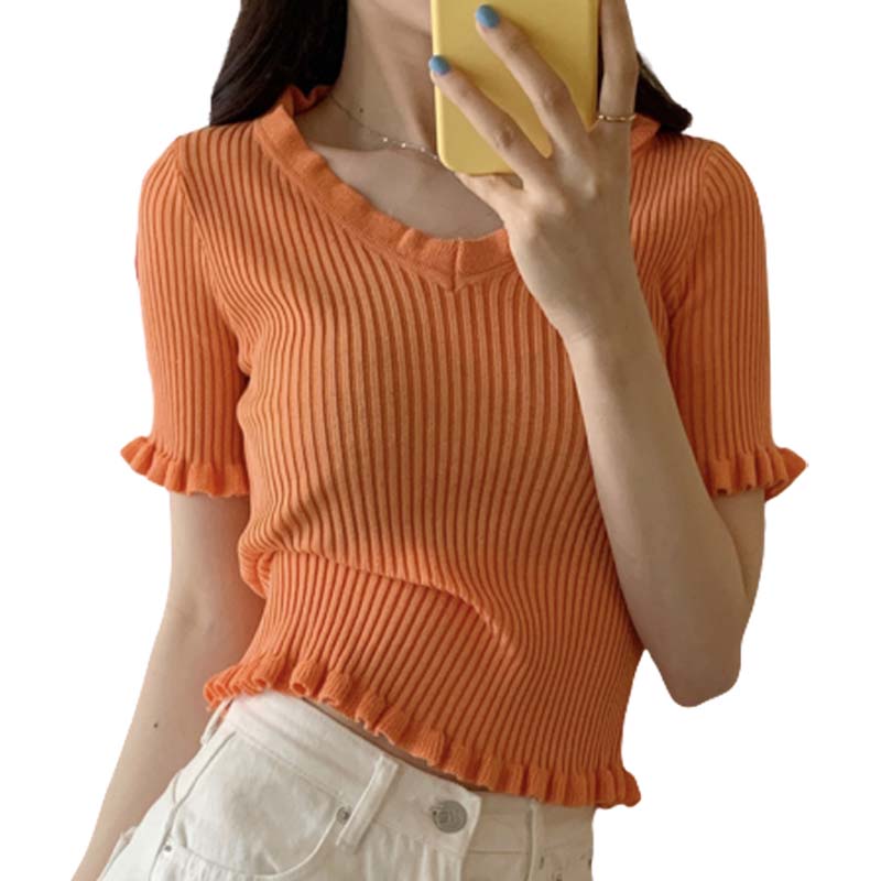 Summer New Women Elegant Short Sleeve Knitted T Shirts Female Sexy V Neck Pleated Edge Tops, Black
Summer New Women Elegant Short Sleeve Knitted T Shirts Female Sexy V Neck Pleated Edge Tops, Black