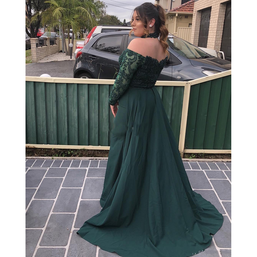 Plus Size Hunter Green Mermaid Prom Dresses With Over Train High Neck Long Sleeve Illusion Bodice Appliques Beads Long Formal Evening Gowns