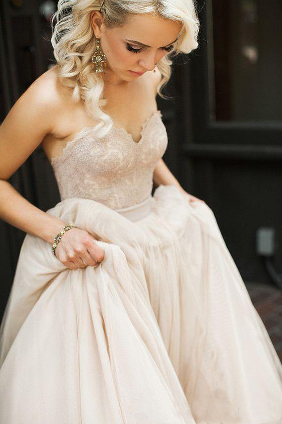 Blush Pink Lace Wedding Dresses Sweetheart Backless Boho Wedding Gowns Robe de Mariage Bridal Dresses
