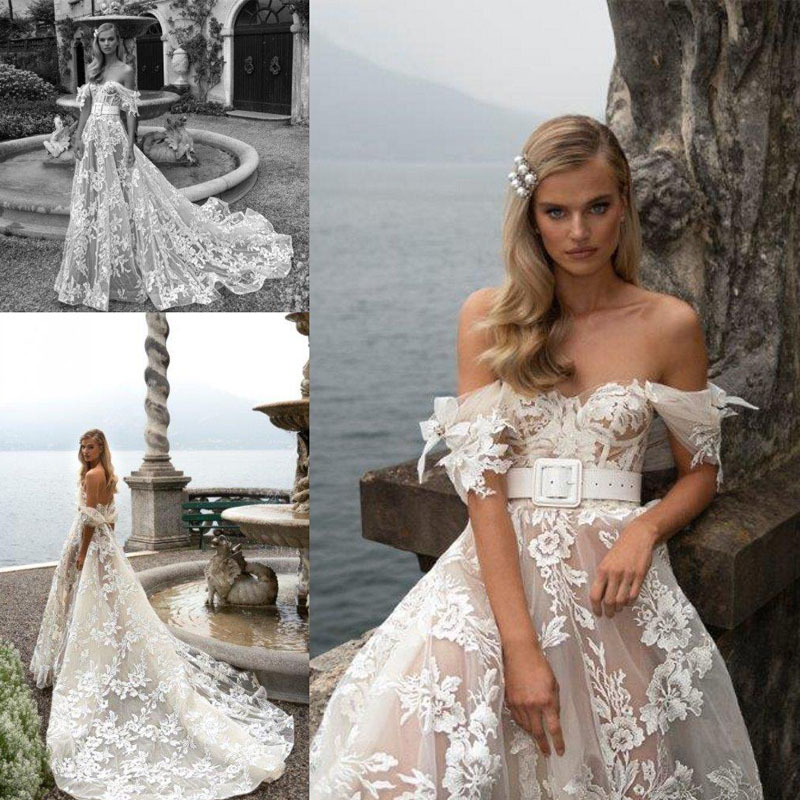 Julie Vino Lace Wedding Dresses Illusion Off Shoulder Appliqued A Line Bridal Gowns Sweep Train Plus Size Boho Backless Wedding Dress