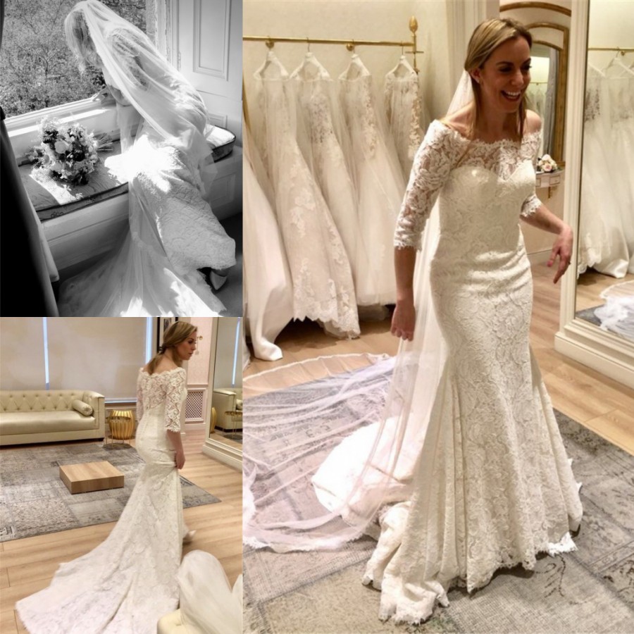 Lace Elegant Mermaid Wedding Dresses Bateau Neck Long Sleeves Bridal Gowns Sweep Train Trumpet Robe De Marie