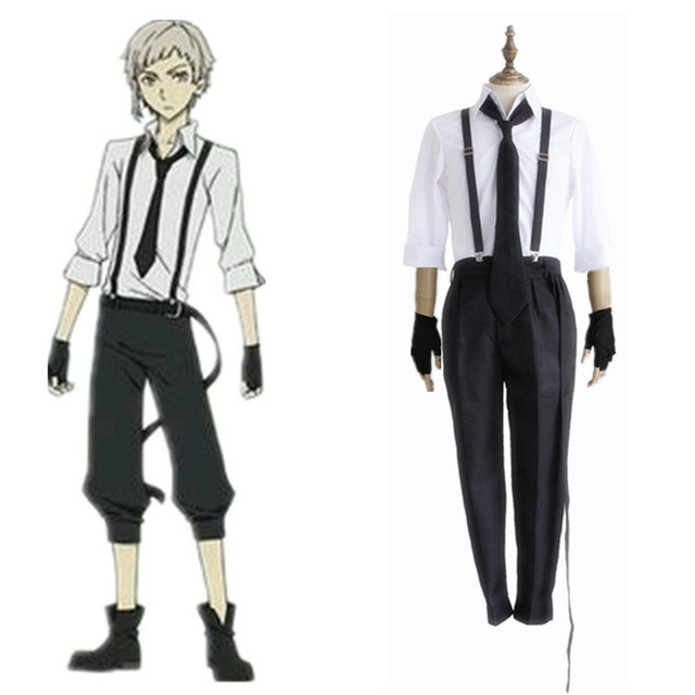 

Anime Bungo Stray Dogs Detective Atsushi Nakajima Cosplay Shirt & Strap Pants & Tie & Gloves Uniform Suit Halloween Men Costume