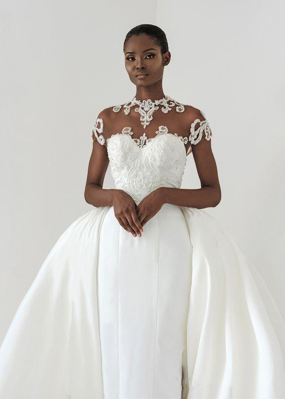 dubai arabic mermaid dresses with detachable train high neck lace applique short sleeve wedding dress bridal gowns