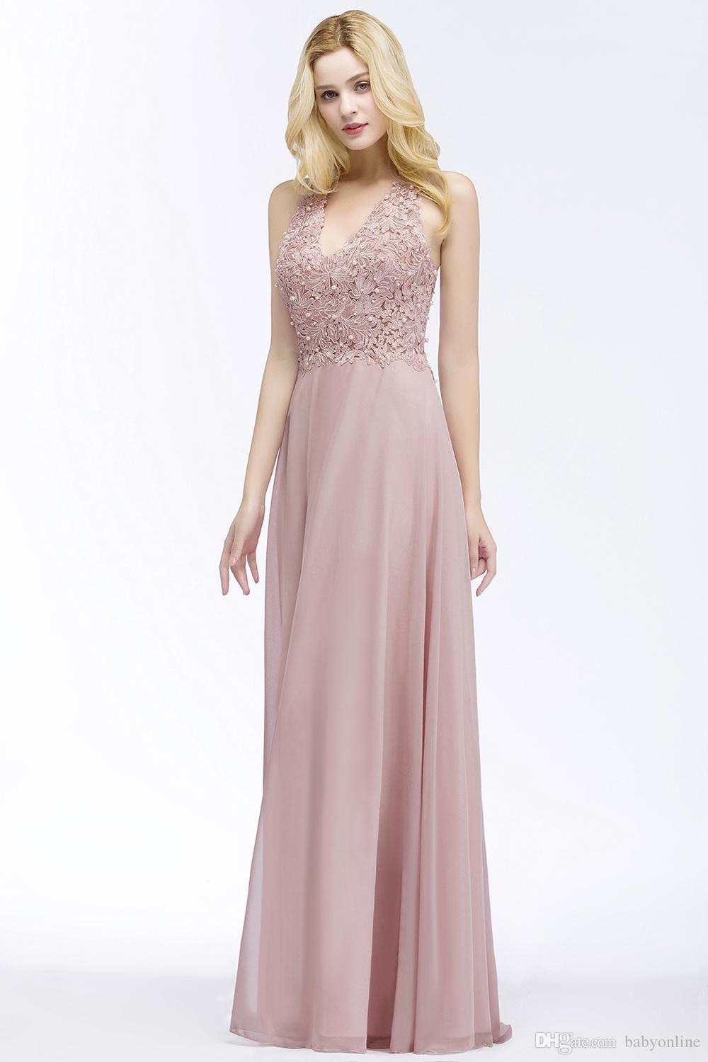 Newest Lace Chiffon Evening Elegant Sleeveless A Line V Neck Sequins Beaded Top Prom Gowns Bridesmaids Dress Cps912