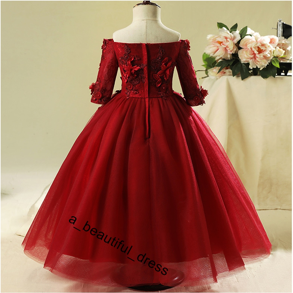 Red Bead Decoration Long Flower Girl Dress New Girl Ball Gown pageant Wedding Party Exchange Dress Ball Beauty Sexy Shoulder Dress FG1268