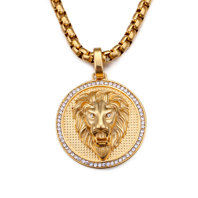 316L Stainless Steel Lion Head Round Pendants Necklace Men's Hip Hop Jewelry Cubic Zirconia 18K Gold Plated with 6mm Chain