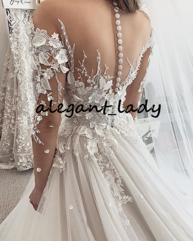 Illusion Long Sleeve Wedding Dresses 2020 Sheer Neck 3D Floral Beaded Appliqued Fairy Garden Beach Bride Gown vestido de bodas