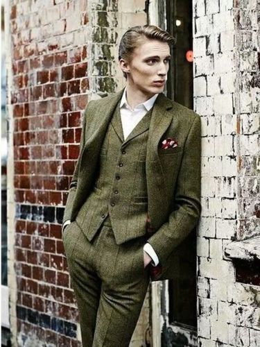 2019 Olive Green Mens Suits 3 Pieces Tweed Slim Fit Formal Party Groomsman Wedding Tuxedos Custom Made (Jackets+Vests+Pants) Real Photos