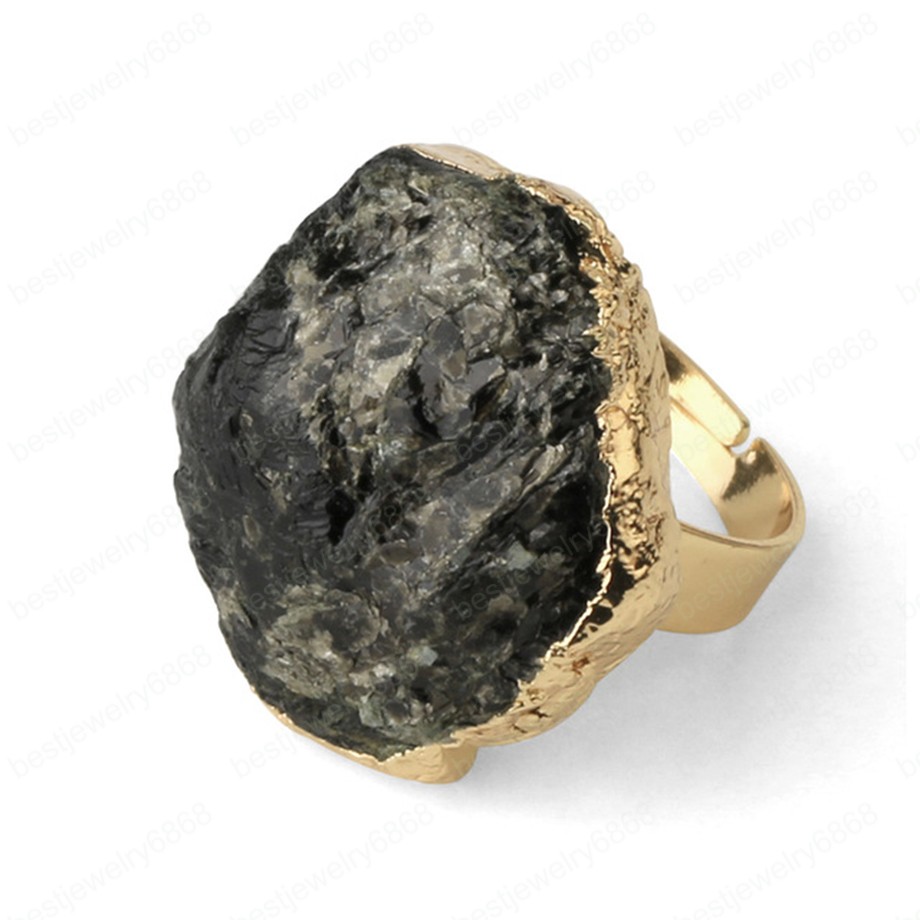 Natural Stone Gold-color Adjustable Ring Irregular Black Tourmaline Blue Crystal Finger Rings for Women Trendy Jewelry