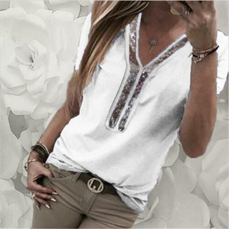 Fashion Women Ladies V-Neck Sequined Patchwork Short Sleeve Loose Blouse Summer Female Casual Shirt Tops Plus Size 4XL, White
Fashion Women Ladies V-Neck Sequined Patchwork Short Sleeve Loose Blouse Summer Female Casual Shirt Tops Plus Size 4XL, White