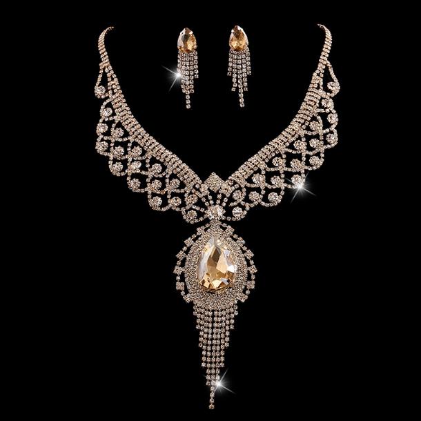 High - end color gold diamond zircon champagne crystal pendant necklace earrings for women's suit alloy material, Champagen
High - end color gold diamond zircon champagne crystal pendant necklace earrings for women's suit alloy material, Champagen