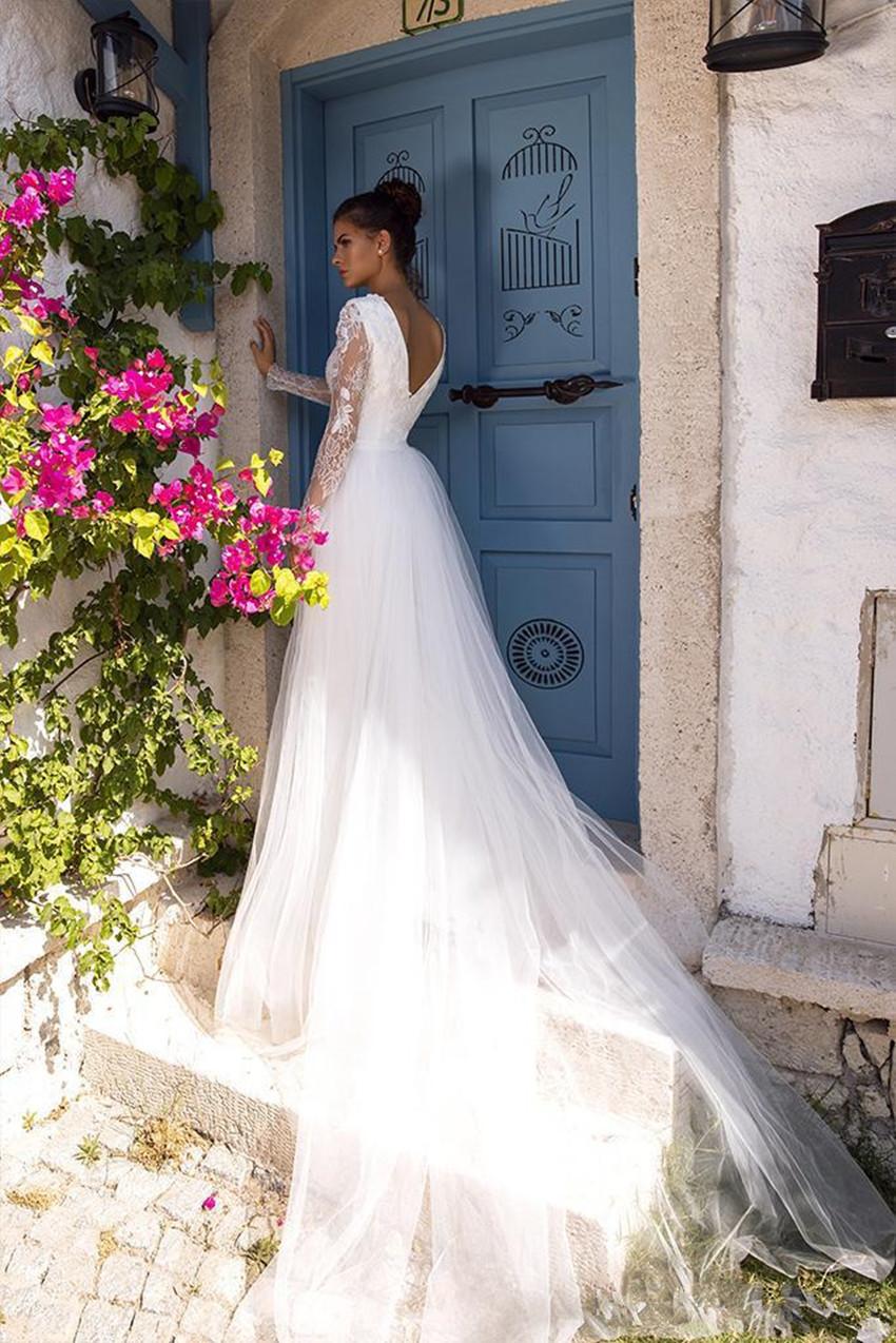 Modest 2020 New Long Sleeve Jumpsuits Wedding Dress With Detachable Train Vestido De Noiva Boho Lace Wedding Dresses Bridal Gowns