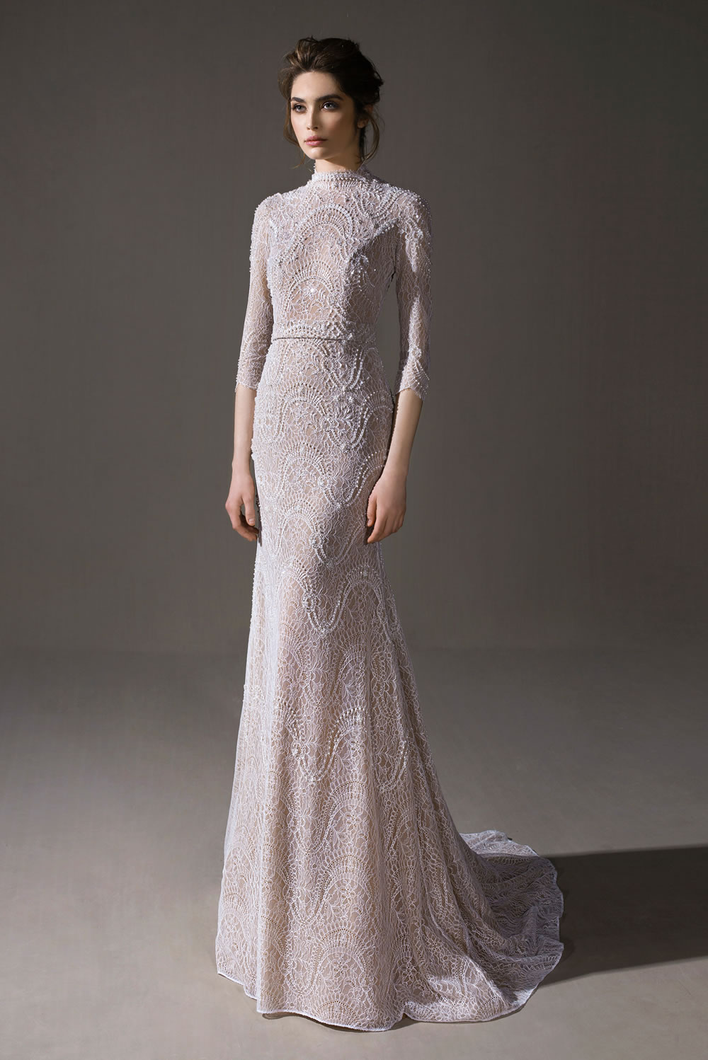2020 Mermaid Wedding Dress With Detachable Train High Neck Appliqued Beaded Bridal Gown 3/4 Long Sleeves Open Back Ruffle Vestidos De Novia