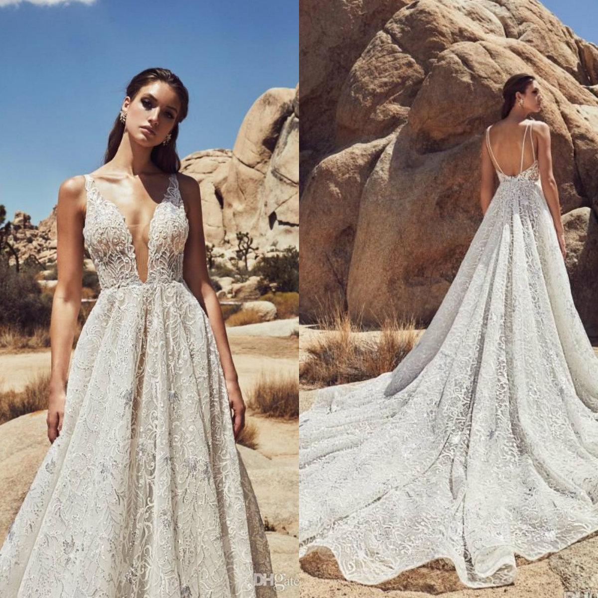 Calla Blanche 2020 Dresses V Neck Lace Boho Bridal Gowns Sleeveless Backless A Line Princess Wedding Dress vestido de novia