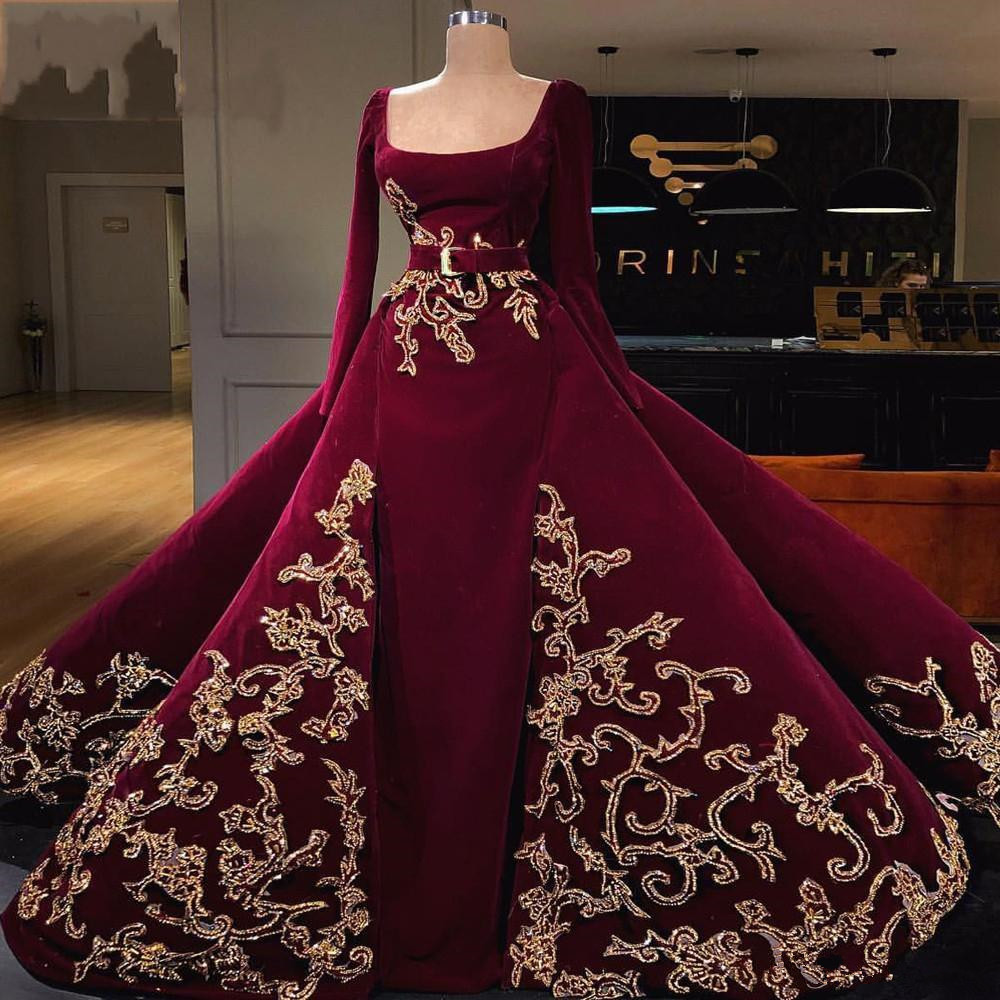 Puffy Overskirts Evening Dresses With Appliques Sash 2020 Dubai arabic Long Sleeves Prom Dress Square Dark Red robes de soiree