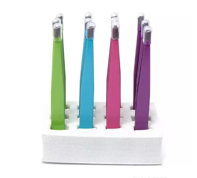 hot 24 Pcs Colorful Stainless Steel Slanted Tip Beauty Eyebrow Tweezers Hair Removal Tools Free shipping