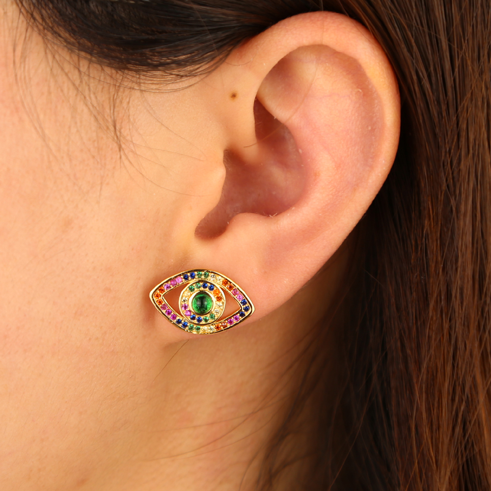 Gold rose gold plated rainbow cz evil eye stud earring luxury bohemia boho trendy 2019 new arrived jewelry earring