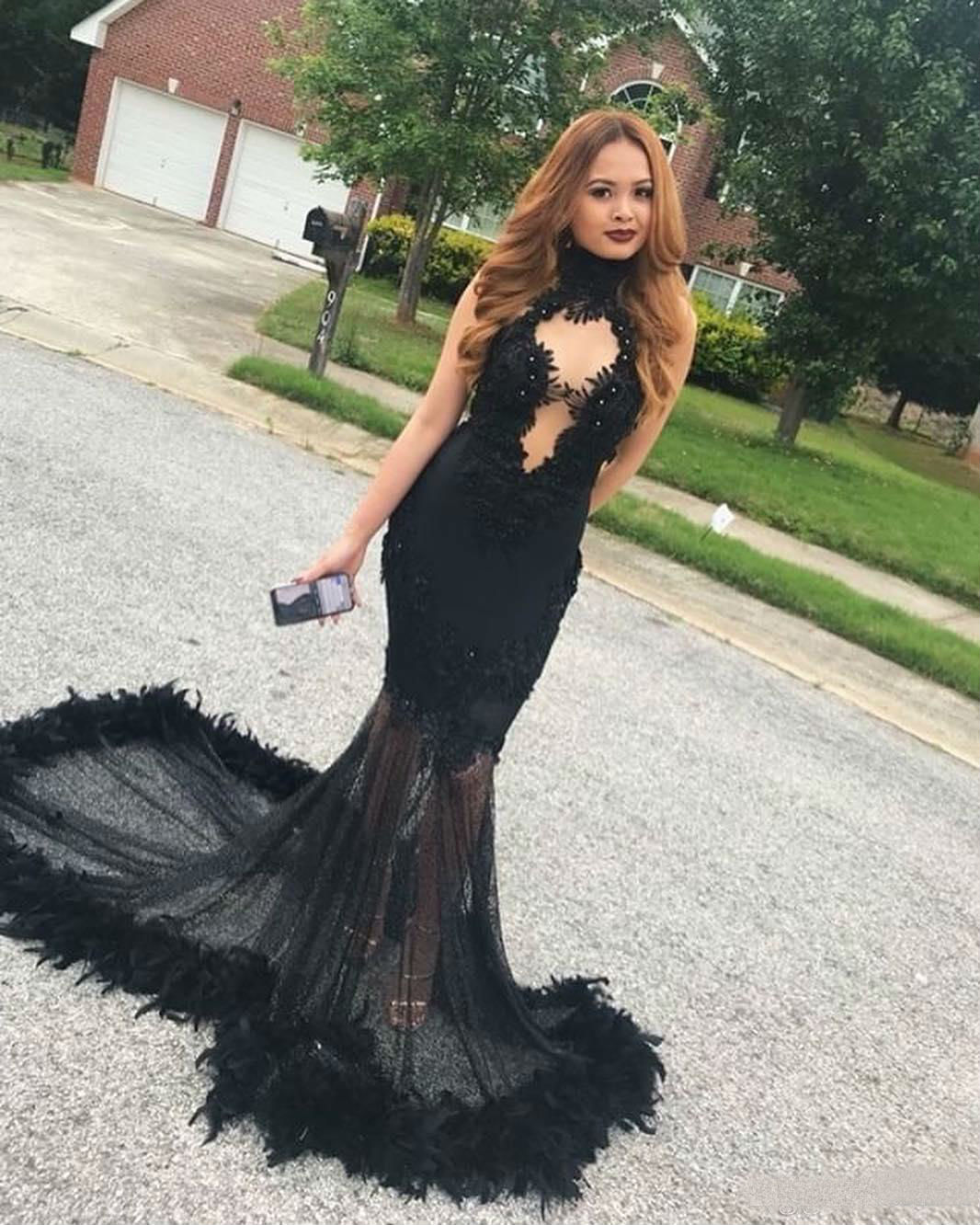 2019 Sexy Black Mermaid Prom Dresses with Feather High Neck Lace Appliques African Formal Evening Gowns Cocktail Party Dresses