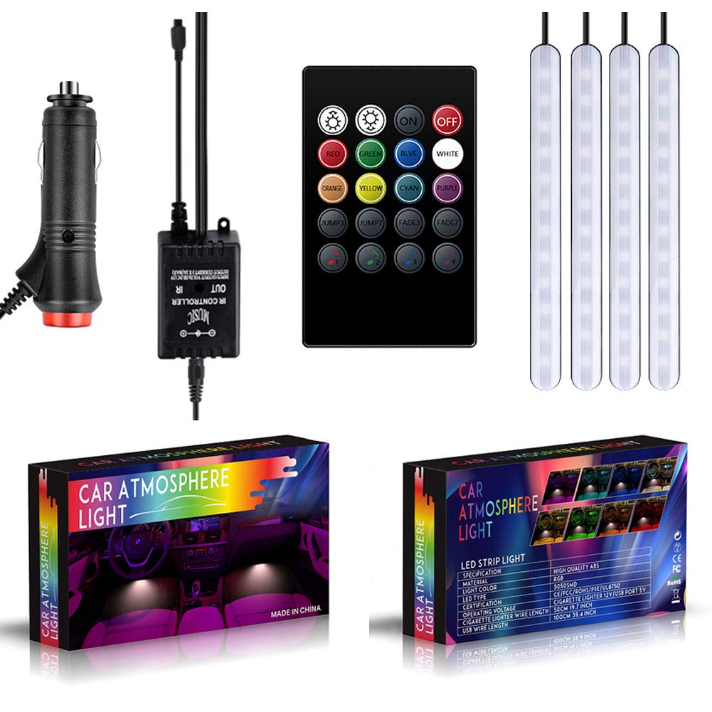 Car LED Strip Light 4Pcs 48 LEDs Multicolor Car Interior Light with Sound Active Function Wireless Remote Control Car Charger2019