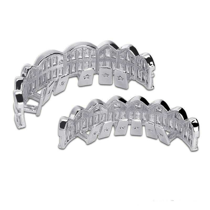 New Discount Baguette Set Teeth Grillz Top Bottom Silver Color Grills Dental Mouth Hip Hop Fashion Jewelry Rapper Jewelry