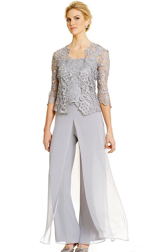 Elegant Silver Plus Size Mother of the Bride Dresses Pants Suits Lace Long Sleeve Jacket Straps Chiffon Split Front Jumpsuit Formal Evening
Elegant Silver Plus Size Mother of the Bride Dresses Pants Suits Lace Long Sleeve Jacket Straps Chiffon Split Front Jumpsuit Formal Evening