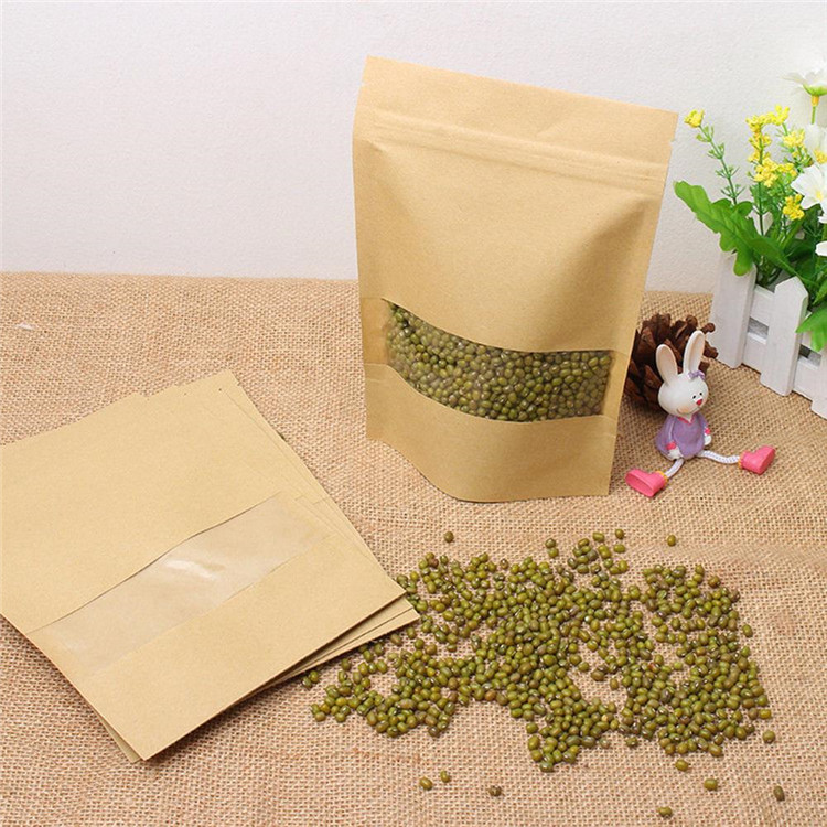 Reusable Kraft Paper Self-Seal Zipper Bags with Clear Window for Dried Fruits & Nuts - 10x15 cm