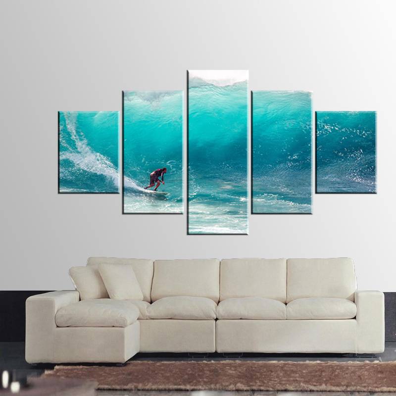 5pcs/set Unframed Blue Sea Big Wave Surfing HD Print On Canvas Wall Art Picture For Home and Living Room Decor