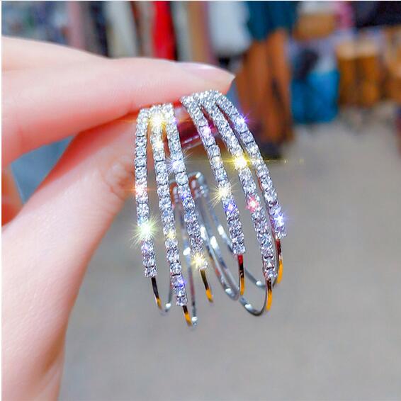 Women Jewelry Multilayer Round Hoop Earrings Shining Gold Silver Color Rhinestone Earrings for Wedding Party GA742