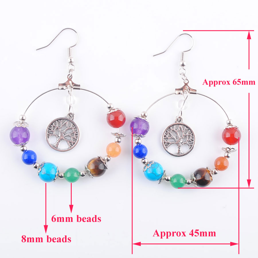 WOJIAER 7 Chakra Tree of Life Women Dangle Drop Earrings Natural Round Gem Stone Bead Reiki Healing Crystal Earring Bohemian Jewelry R3124