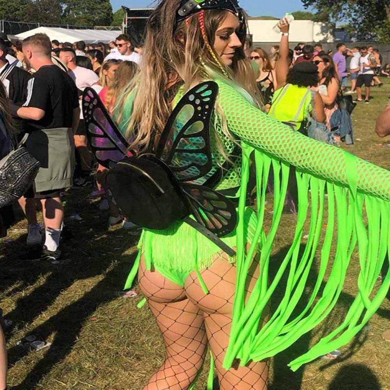 Womens Fashion Stage Wear Goddess Tassle Fringe Bodysuits Fluorescent Neon Green One Piece Bodysuits Women Sexy O-Neck Mesh Hollow Out Festival Outfit