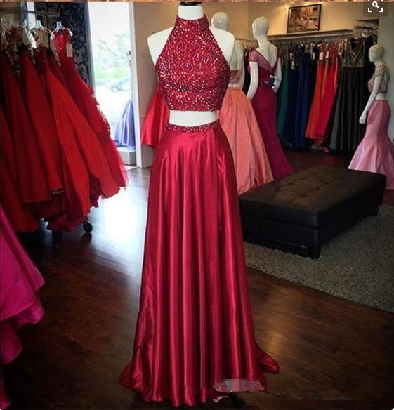 Dark Red Long Homecoming Dresses Two Pieces Stunning Sequined Crop Top Front Split Formal Evening Occasion Wears Party Prom Gowns Cheap