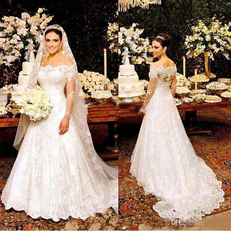 Graceful Off the Shoulder Chapel Wedding Dresses Bridal Gowns Long Sleeve Lace Appliques Vestido De Novia Custom Made Wedding Gowns