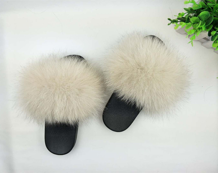 Hot Sale-Real Fur Slippers Women Fox Home Fluffy Sliders With Feathers Furry Summer Outdoor Flats Sweet Ladies Candy Color Shoes Size 45