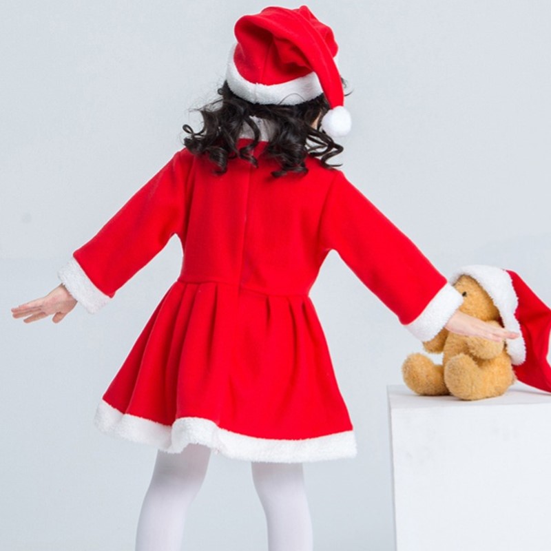 THIN Little Santa Claus Costume Children Christmas Outfit White Fuzzy Trim Girls Bowknot Dress Boys Shirt Pants Hat Set Cosplay 1-13 yrs