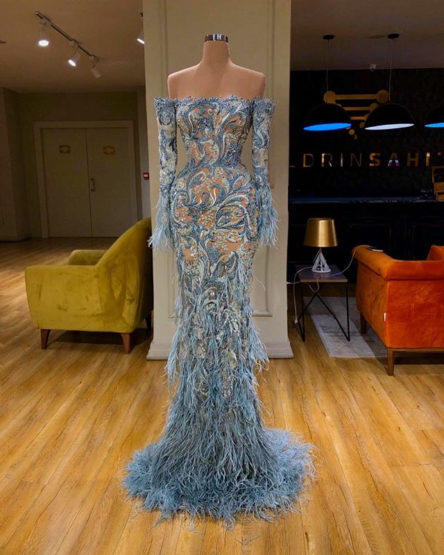 2020 Mermaid Prom Dresses Off Shoulder Long Sleeve Appliques Beads Feathers Tulle Party Gowns Sweep Train Prom Gowns, Brown
2020 Mermaid Prom Dresses Off Shoulder Long Sleeve Appliques Beads Feathers Tulle Party Gowns Sweep Train Prom Gowns, Brown