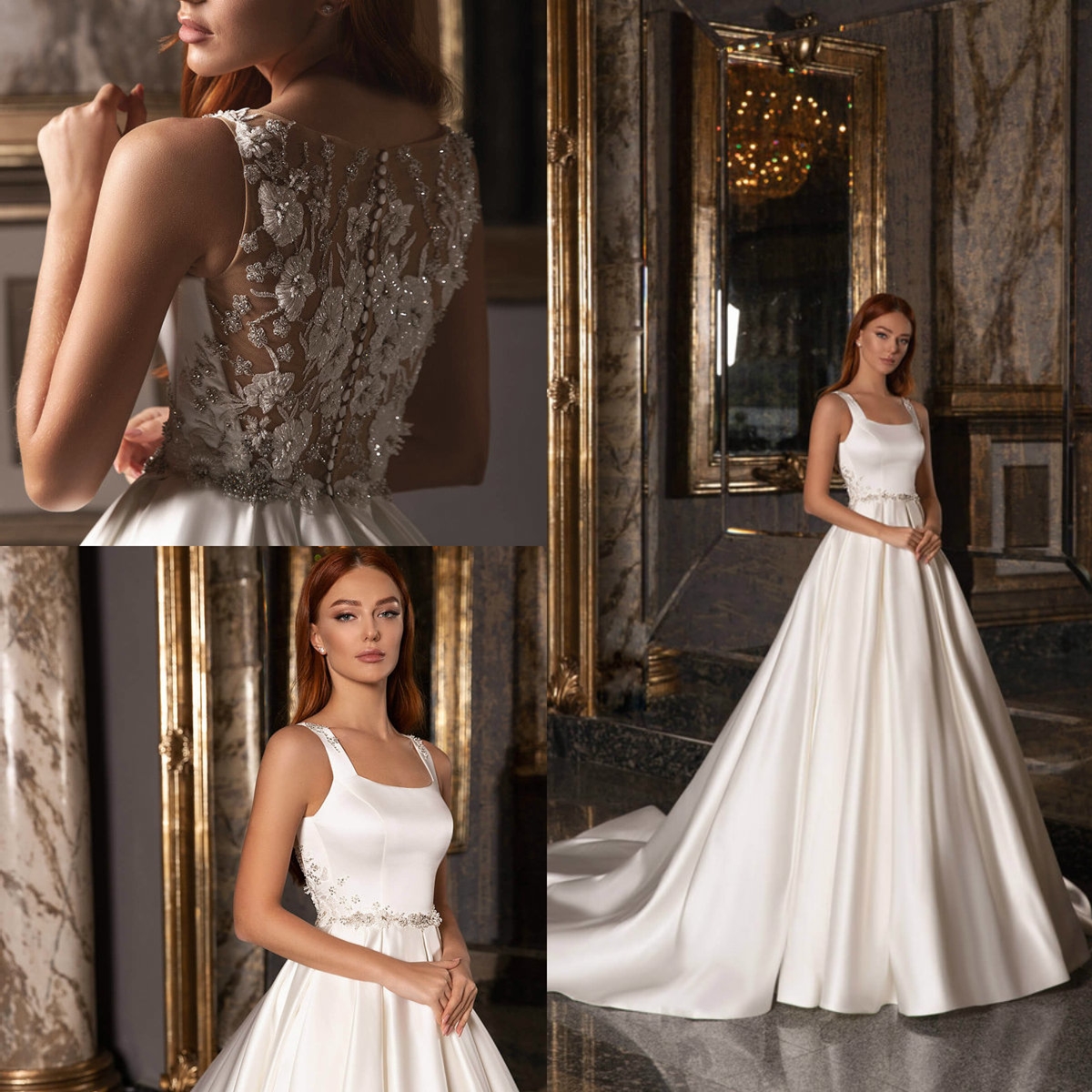 Beach A Line Wedding Dresses Beading Scoop Sleeveless Bridal Gowns Flower Appliques A Line Satin Wedding Dress