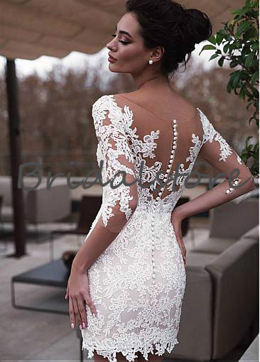 vintage 2 in 1 Short Wedding Dresses With Detachable Skirts Long Sleeve Sheer Neck Lace Button Back Country Bohemian Bridal Gowns Cheap 2019
