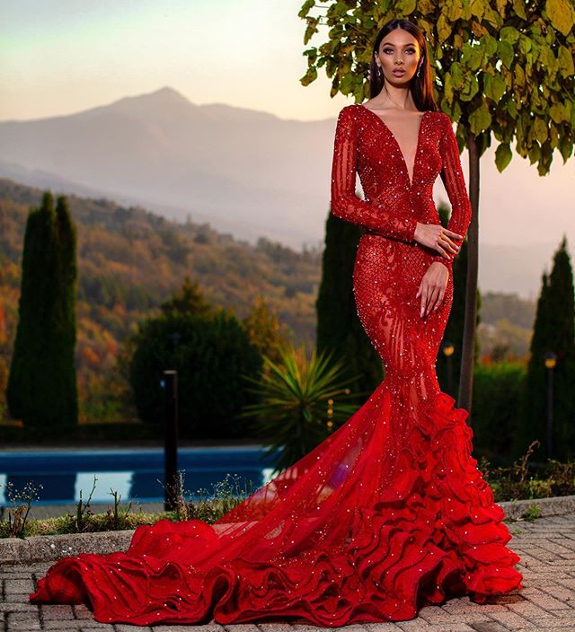 2020 Arabic Red Mermaid Prom Dress Pearls Beads Ruffles Long Sleeve Evening Gowns Party Wear Vestidos Robe De Soiree Abendkleider