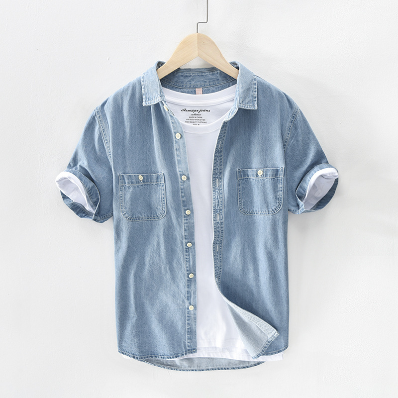 Men Denim Shirt 100%Pure Cotton Short Sleeve Fashion Casual Double Pocket Blue Cowboy Man Tops Y2918
Men Denim Shirt 100%Pure Cotton Short Sleeve Fashion Casual Double Pocket Blue Cowboy Man Tops Y2918