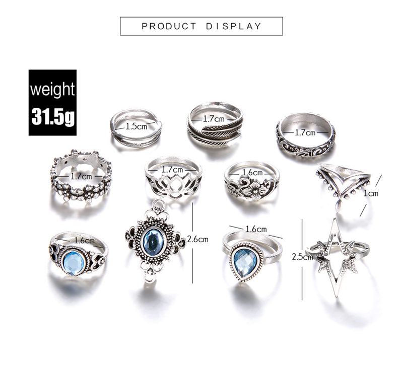 Knuckle ring set retro diamond carved starry gemstone 11 piece set boho can be superimposed ring female silver