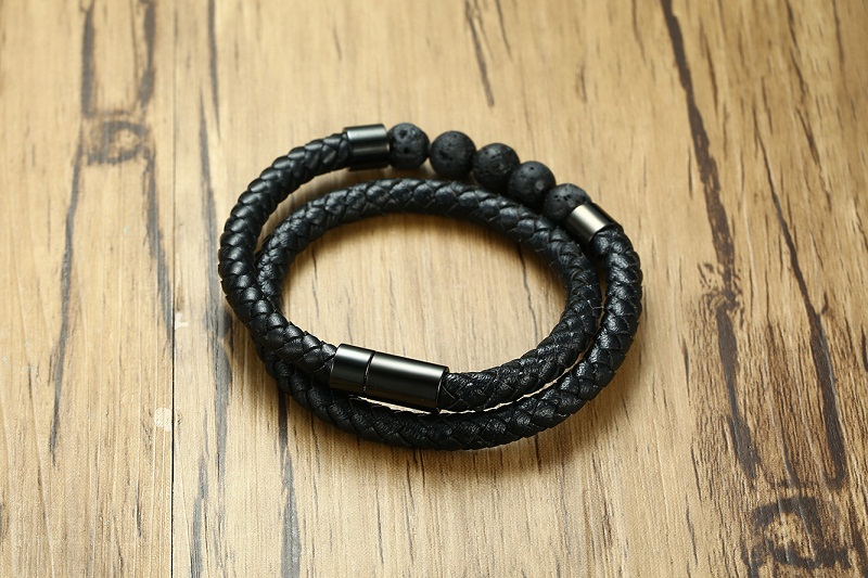 Black Braided Microfiber Leather Charm Bracelet Natural Lava Stone Beaded Bracelet Men Health Magnet Buckle Jewelry7441242